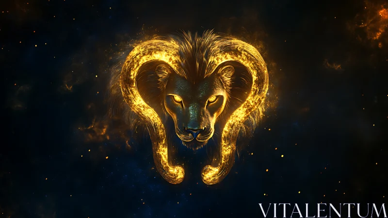 Glowing cosmic lion with fiery curved horns in space.