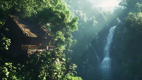 Sunlit jungle cabin rests beside a misty cascading waterfall