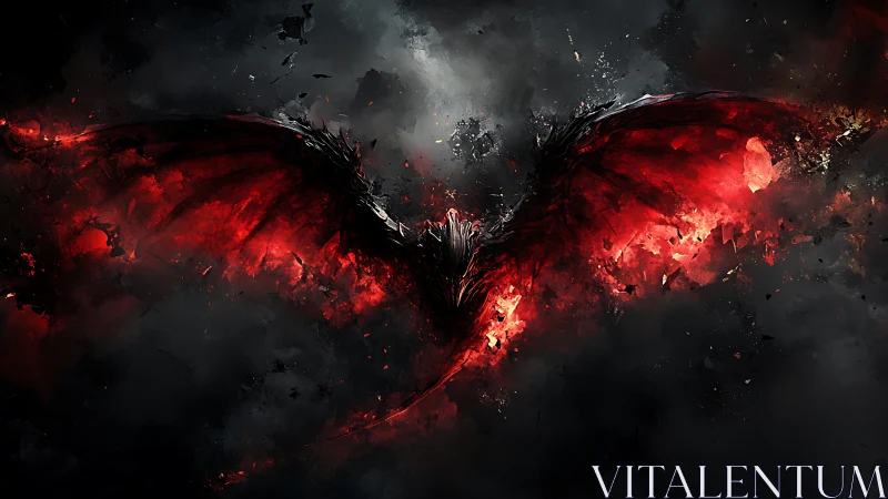 Infernal winged entity emerging through molten storm clouds.