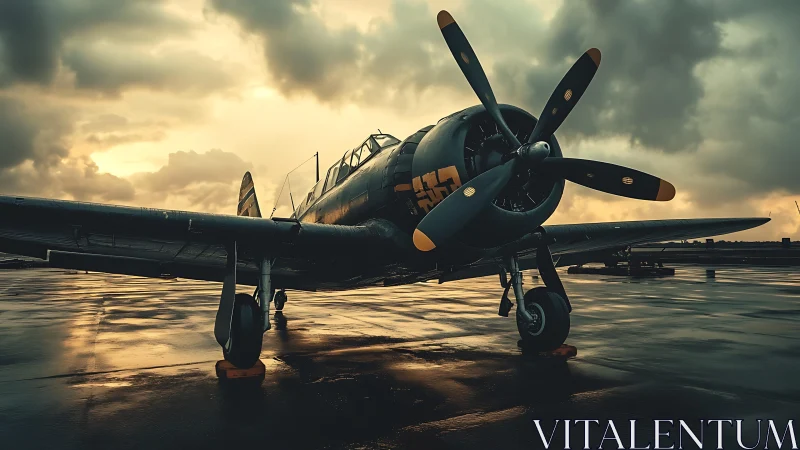 Photorealistic WWII trainer aircraft on rain-soaked runway at dusk.