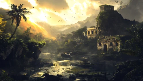 Sunlit jungle ruins with atmospheric depth composition.