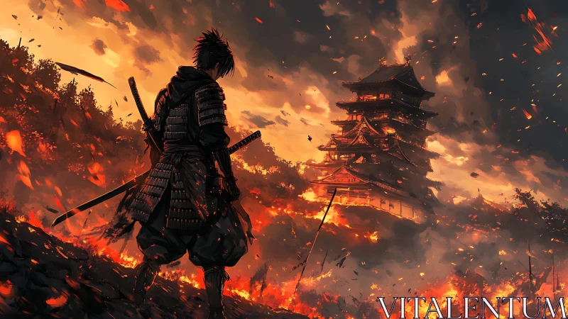 Lone samurai watches a blazing fortress under fiery skies.
