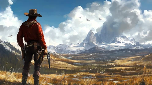 Lone gunslinger surveys vast snowy mountains and valley