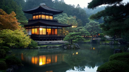 Traditional Japanese pavilion stands by reflective garden pond