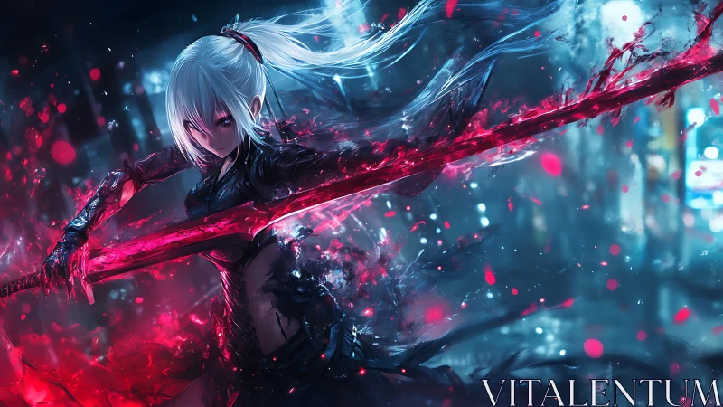 Cybernetic swordswoman with crimson energy blade in motion.