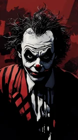Dark clown portrait uses stark lighting and limited palette