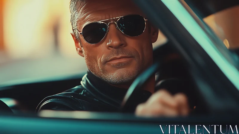 Cinematic driver portrait with reflective aviator sunglasses.