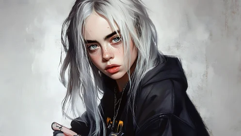 Storm-eyed girl in ink-black hoodie and silver-wind hair.
