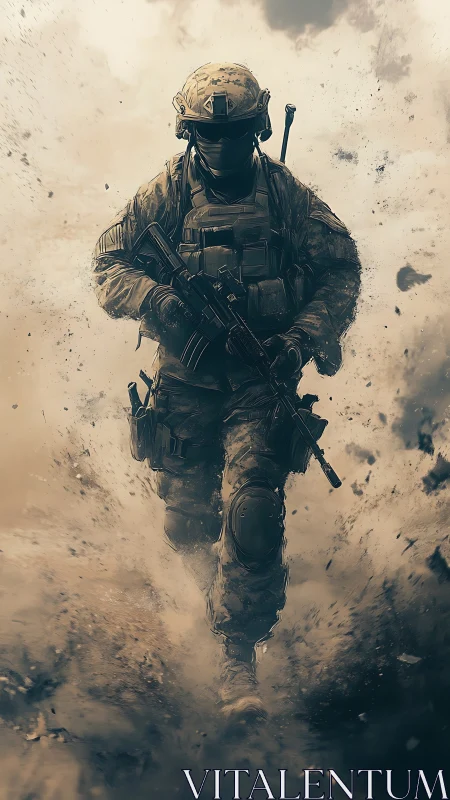 Armored soldier strides through sandstorm of battlefield dust