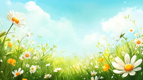 Sunlit chamomile meadow rendered in luminous digital brushwork