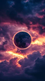 Glowing eclipse orb resting in a dreamy, stormy sky.