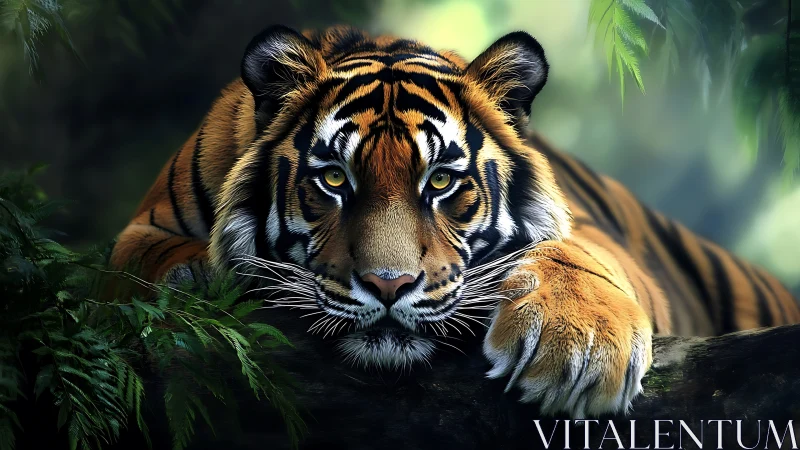 Calm jungle tiger resting softly in dappled forest light.