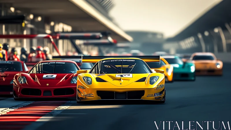 Yellow GT race car leads multi-colored grid on modern circuit