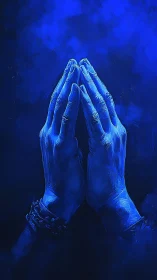 Gentle blue hands rise in quiet prayerful concentration