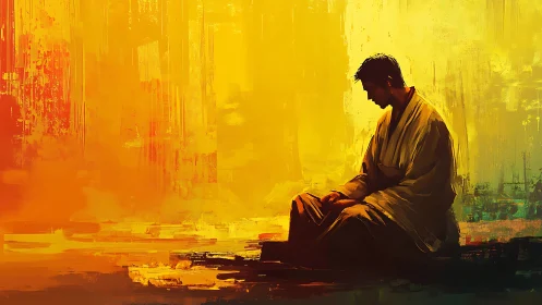 Quietly seated figure rests in a warm golden glow of calm