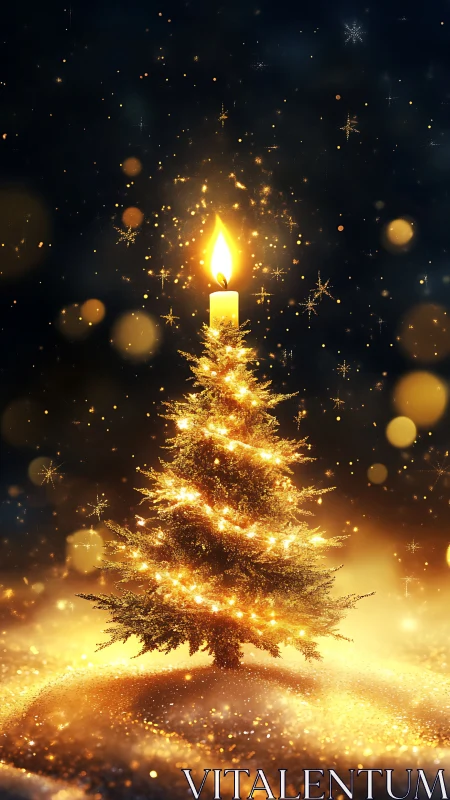 Illuminated fir tree with candle flame in winter landscape.
