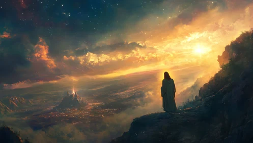 Solitary robed figure gazes over glowing celestial city at dawn