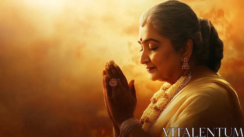 Elderly woman prays peacefully in warm golden light.