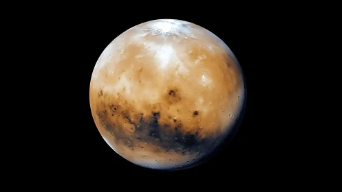 Rendered view of a cratered orange-brown terrestrial planet.