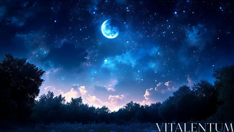 Crescent moon over forest horizon under luminous blue night sky