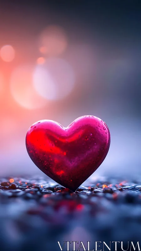 Luminous red heart crystalline form radiates against ethereal bokeh backdrop