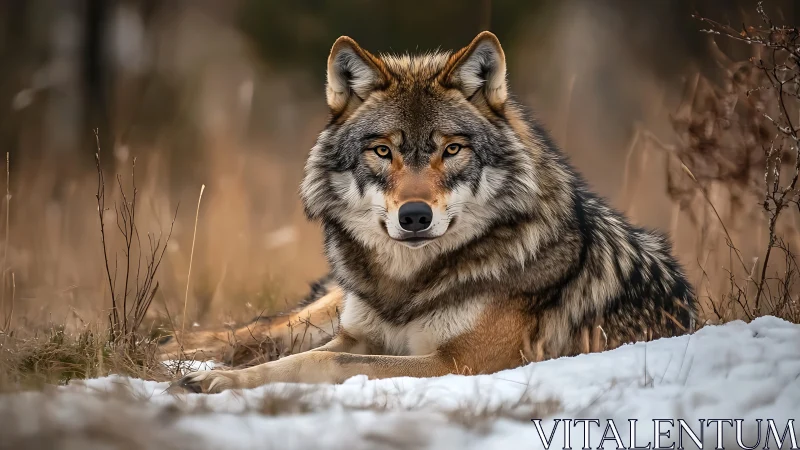 Winter grass bows as a resting wolf rules the quiet clearing