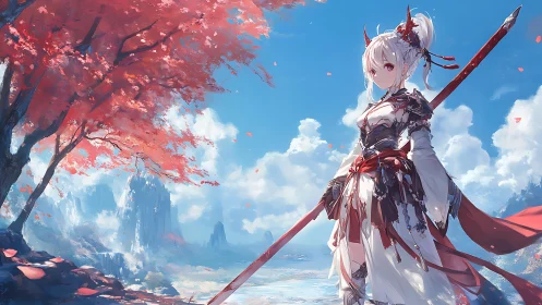 Spear warrior under crimson maple in bright fantasy sky.
