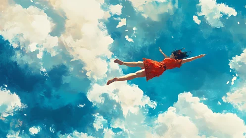 Figure in red dress rendered horizontally within cloud-filled sky