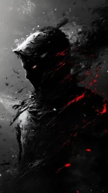 Shadowed hooded figure dissolving in red particle shards.