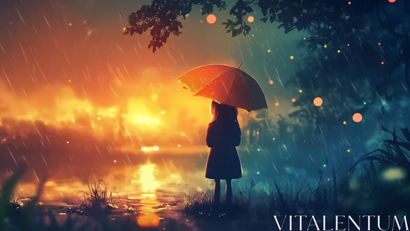 Girl under red umbrella by glowing lakeside rainstorm.