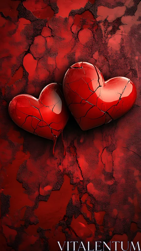 Fractured Hearts on Cracked Red Surface