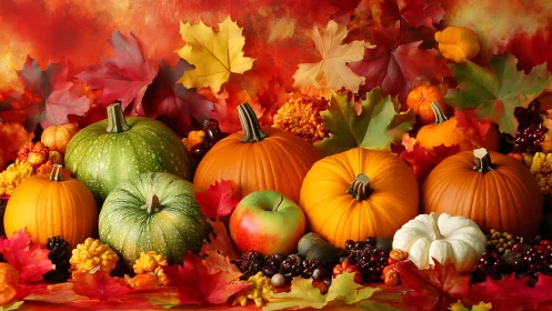 Colorful pumpkins rest among vibrant autumn leaves