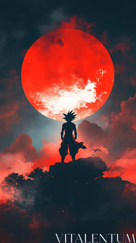 Silhouetted figure on cliff before large red lunar disk.