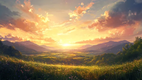 Sunlit valley landscape with distant mountain ranges at dusk.