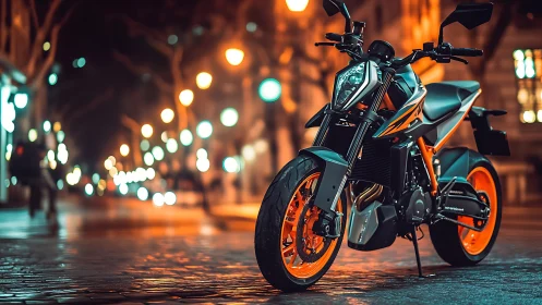Neon streetfighter motorcycle poised under glowing city lights.