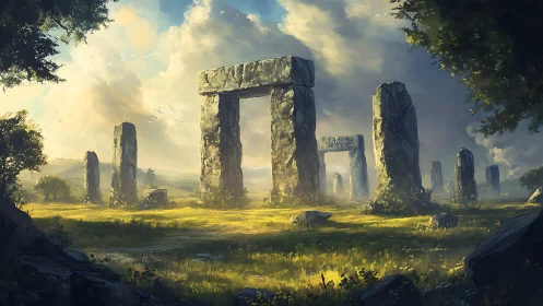 Sunlit stone circle where ancient pillars greet daybreak.