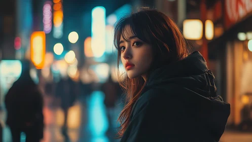 Digital portrait girl in neon city street at night.