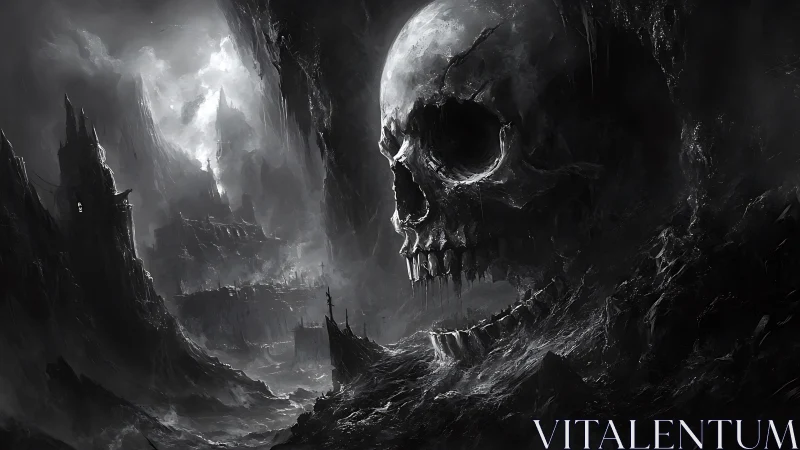 Colossal skull citadel looming over storm-lashed abyssal ruins.