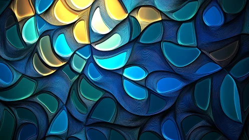 Layered blue and yellow abstract droplet pattern artwork.
