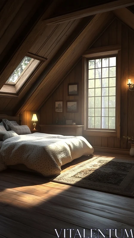Sunlit attic bedroom with warm rustic wood paneling.