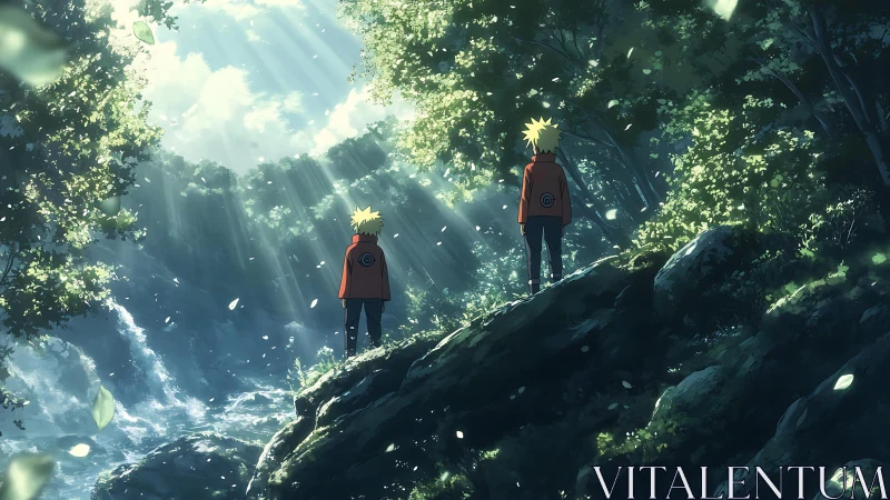 Twin figures in sunlight above river gorge, contemplative mood.