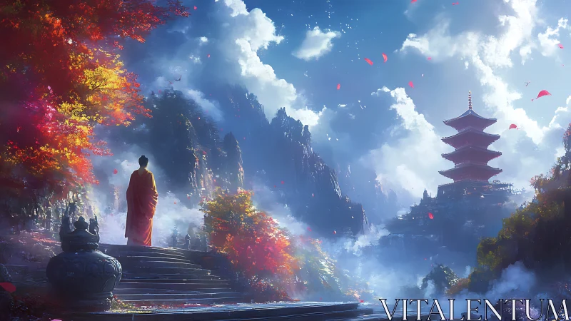 Monk on stone stairway surveys misty pagoda in luminous valley