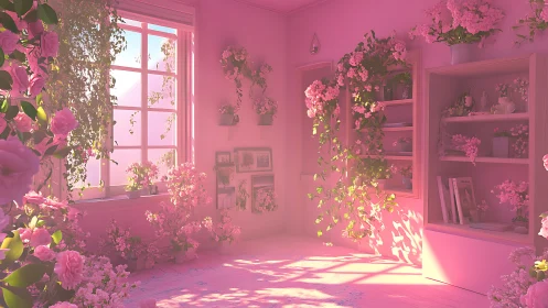 Sunlit monochrome pink studio filled with cascading florals.