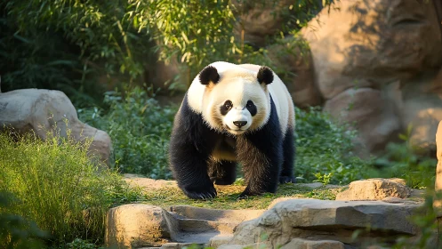 Giant panda walking on rocky path in green enclosure.