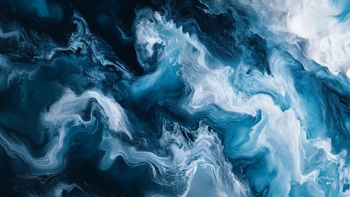 Blue and white abstract fluid waves in swirling motion