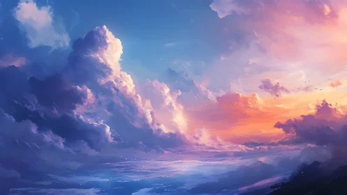 Vast cloudscape spans blue and orange sky over calm water