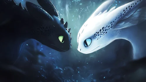 Bioluminescent dragon pair in cinematic underwater glow.