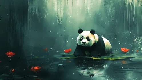 Gentle panda resting in a dreamy forest pond of calm wonder.