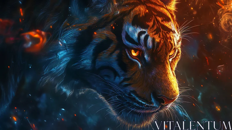 Bi-chromatic tiger portrait in blazing chromatic contrast.