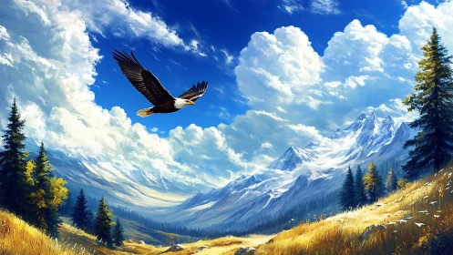Bald eagle over alpine valley with snowcapped mountain range.